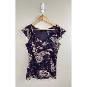 Axcess Womens Sz M Y2K  Top Short Sleeve Purple Paisley‎ Babydoll Fairy
